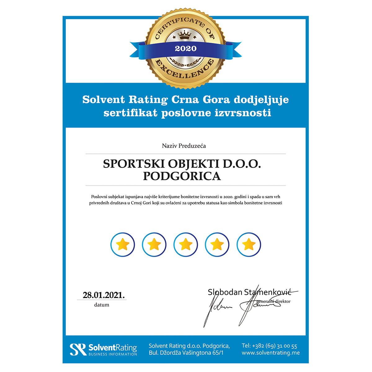 Sportski objekti Podgorice dobili sertifikat poslovne izvrsnosti
